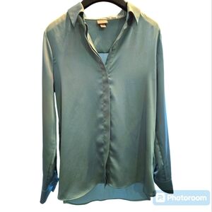 A New Day satin long-sleeve button-up blouse. EUC. Worn twice. Teal.